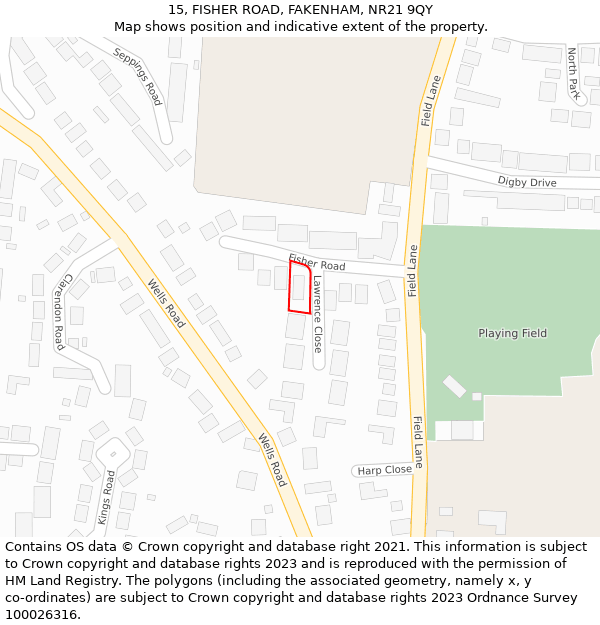 15, FISHER ROAD, FAKENHAM, NR21 9QY: Location map and indicative extent of plot