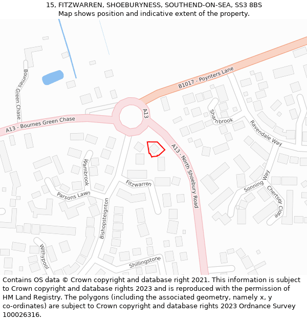 15, FITZWARREN, SHOEBURYNESS, SOUTHEND-ON-SEA, SS3 8BS: Location map and indicative extent of plot