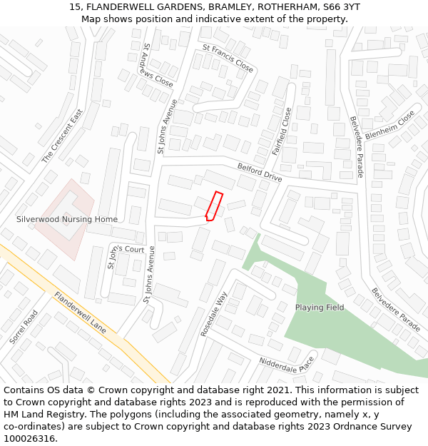 15, FLANDERWELL GARDENS, BRAMLEY, ROTHERHAM, S66 3YT: Location map and indicative extent of plot