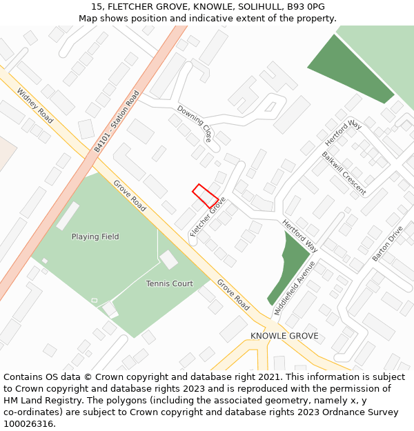 15, FLETCHER GROVE, KNOWLE, SOLIHULL, B93 0PG: Location map and indicative extent of plot