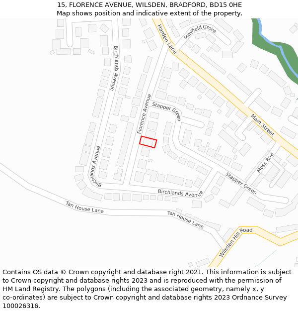 15, FLORENCE AVENUE, WILSDEN, BRADFORD, BD15 0HE: Location map and indicative extent of plot