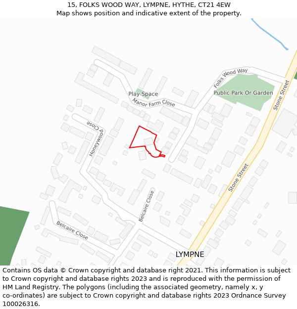 15, FOLKS WOOD WAY, LYMPNE, HYTHE, CT21 4EW: Location map and indicative extent of plot