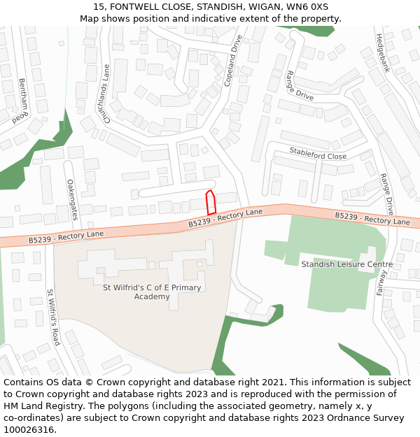 15, FONTWELL CLOSE, STANDISH, WIGAN, WN6 0XS: Location map and indicative extent of plot