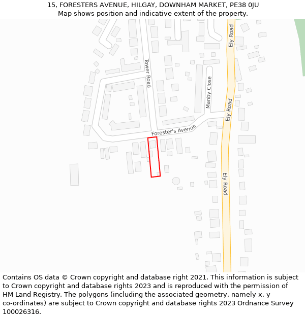 15, FORESTERS AVENUE, HILGAY, DOWNHAM MARKET, PE38 0JU: Location map and indicative extent of plot