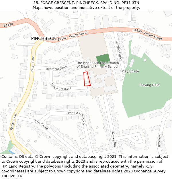 15, FORGE CRESCENT, PINCHBECK, SPALDING, PE11 3TN: Location map and indicative extent of plot