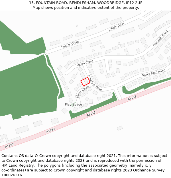 15, FOUNTAIN ROAD, RENDLESHAM, WOODBRIDGE, IP12 2UF: Location map and indicative extent of plot