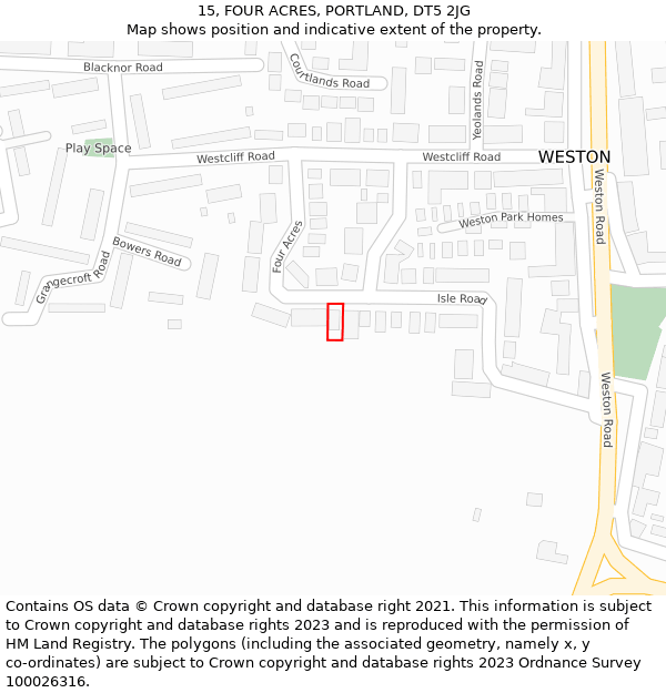 15, FOUR ACRES, PORTLAND, DT5 2JG: Location map and indicative extent of plot