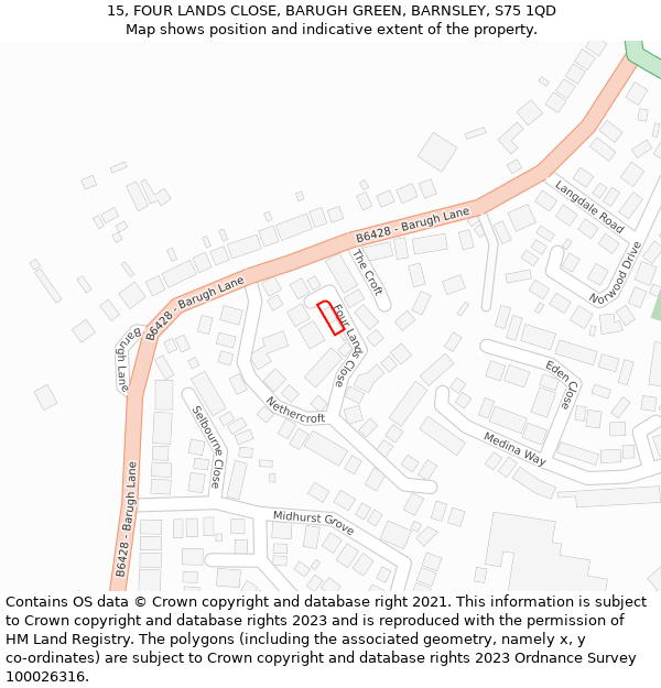 15, FOUR LANDS CLOSE, BARUGH GREEN, BARNSLEY, S75 1QD: Location map and indicative extent of plot