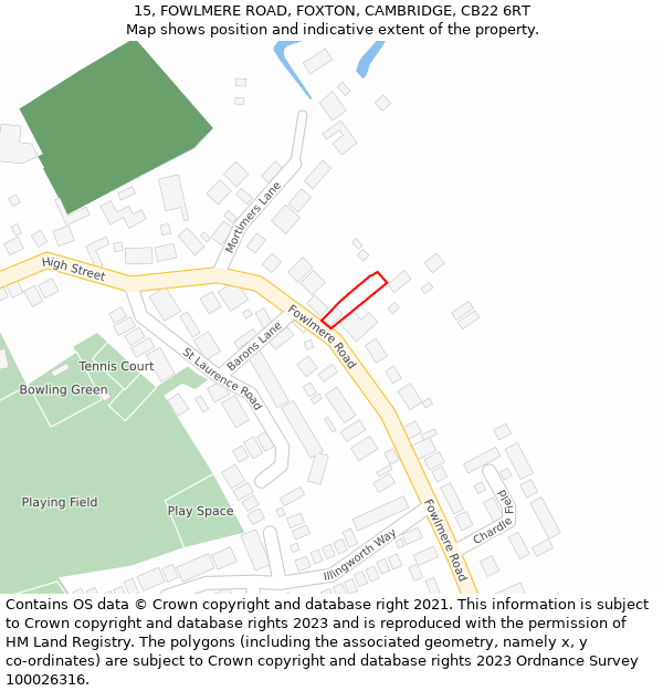 15, FOWLMERE ROAD, FOXTON, CAMBRIDGE, CB22 6RT: Location map and indicative extent of plot