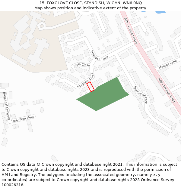 15, FOXGLOVE CLOSE, STANDISH, WIGAN, WN6 0NQ: Location map and indicative extent of plot