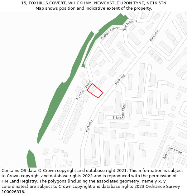 15, FOXHILLS COVERT, WHICKHAM, NEWCASTLE UPON TYNE, NE16 5TN: Location map and indicative extent of plot