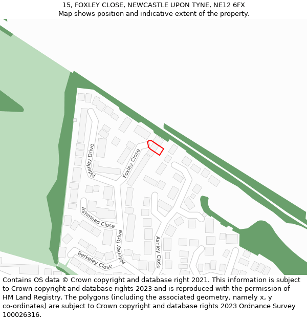 15, FOXLEY CLOSE, NEWCASTLE UPON TYNE, NE12 6FX: Location map and indicative extent of plot