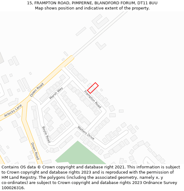 15, FRAMPTON ROAD, PIMPERNE, BLANDFORD FORUM, DT11 8UU: Location map and indicative extent of plot