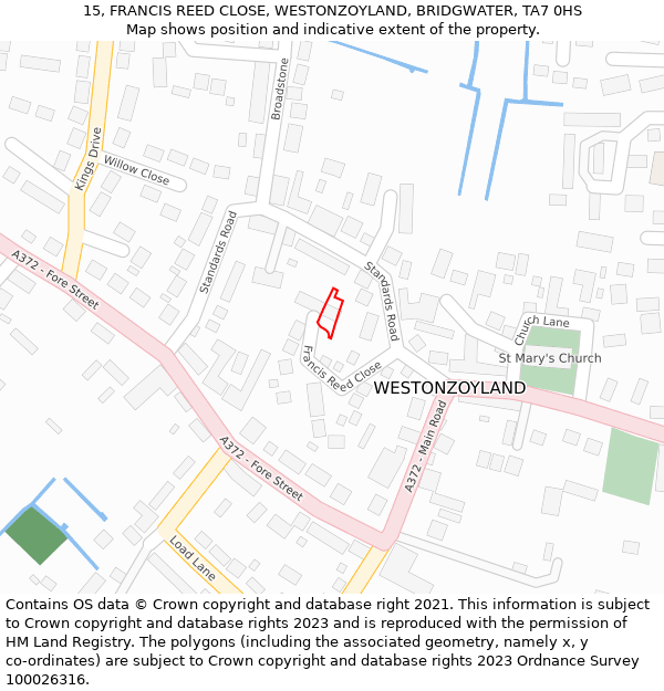 15, FRANCIS REED CLOSE, WESTONZOYLAND, BRIDGWATER, TA7 0HS: Location map and indicative extent of plot