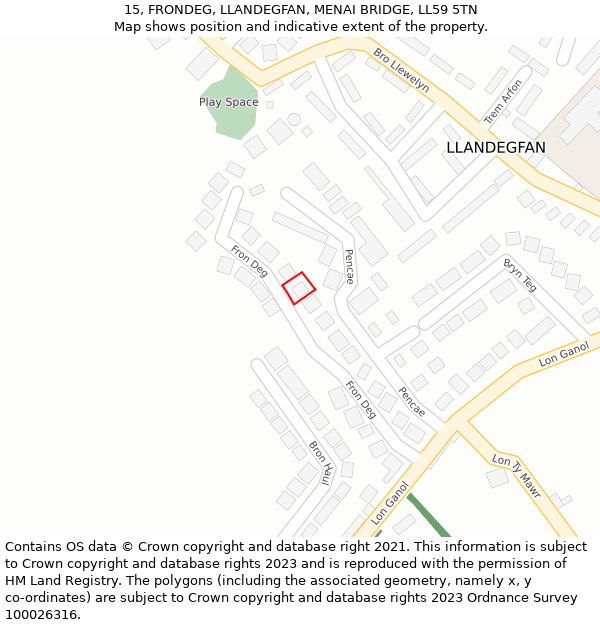 15, FRONDEG, LLANDEGFAN, MENAI BRIDGE, LL59 5TN: Location map and indicative extent of plot