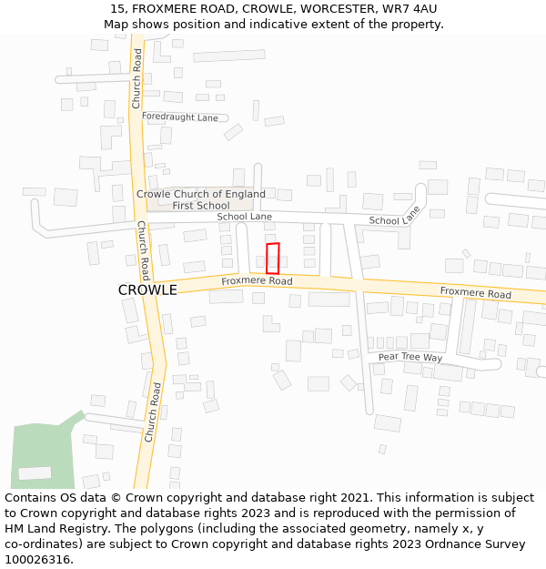 15, FROXMERE ROAD, CROWLE, WORCESTER, WR7 4AU: Location map and indicative extent of plot