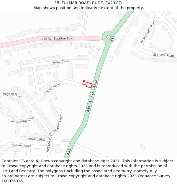 15, FULMAR ROAD, BUDE, EX23 8FL: Location map and indicative extent of plot