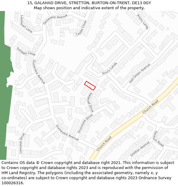 15, GALAHAD DRIVE, STRETTON, BURTON-ON-TRENT, DE13 0GY: Location map and indicative extent of plot