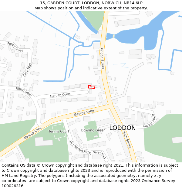 15, GARDEN COURT, LODDON, NORWICH, NR14 6LP: Location map and indicative extent of plot