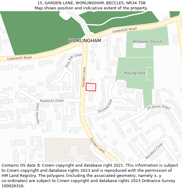 15, GARDEN LANE, WORLINGHAM, BECCLES, NR34 7SB: Location map and indicative extent of plot