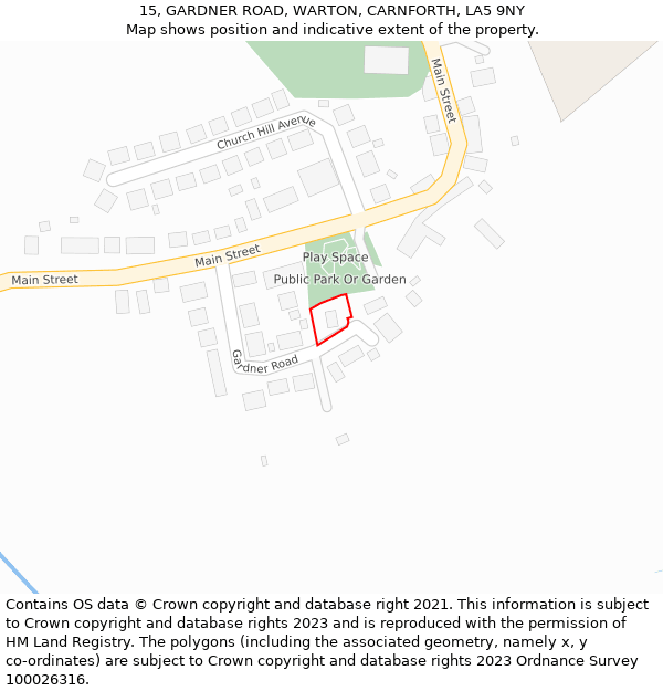 15, GARDNER ROAD, WARTON, CARNFORTH, LA5 9NY: Location map and indicative extent of plot