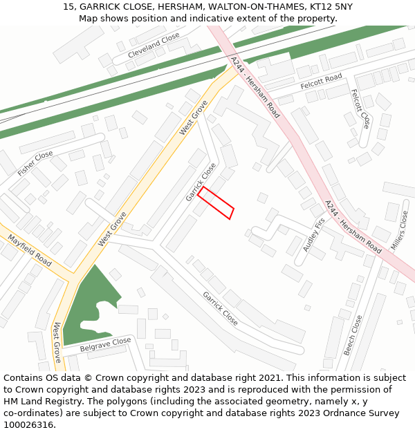 15, GARRICK CLOSE, HERSHAM, WALTON-ON-THAMES, KT12 5NY: Location map and indicative extent of plot