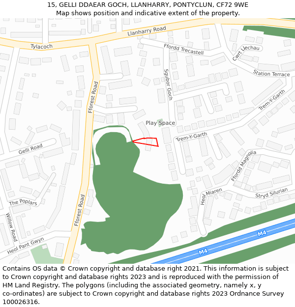 15, GELLI DDAEAR GOCH, LLANHARRY, PONTYCLUN, CF72 9WE: Location map and indicative extent of plot