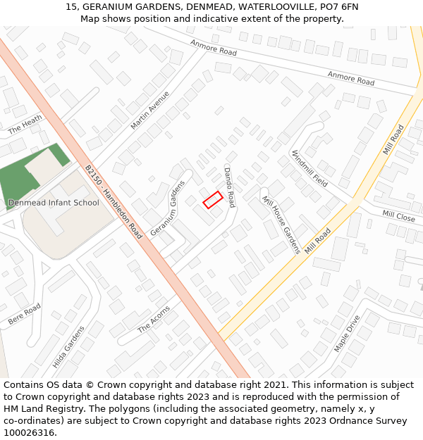 15, GERANIUM GARDENS, DENMEAD, WATERLOOVILLE, PO7 6FN: Location map and indicative extent of plot