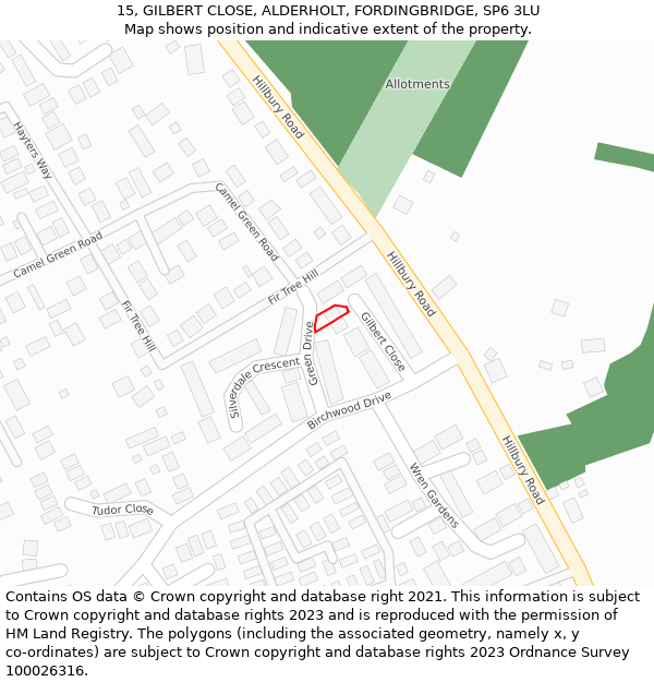 15, GILBERT CLOSE, ALDERHOLT, FORDINGBRIDGE, SP6 3LU: Location map and indicative extent of plot