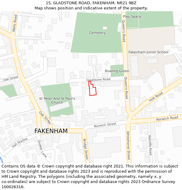 15, GLADSTONE ROAD, FAKENHAM, NR21 9BZ: Location map and indicative extent of plot