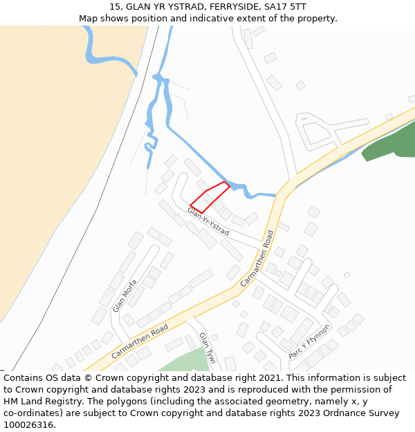 15, GLAN YR YSTRAD, FERRYSIDE, SA17 5TT: Location map and indicative extent of plot