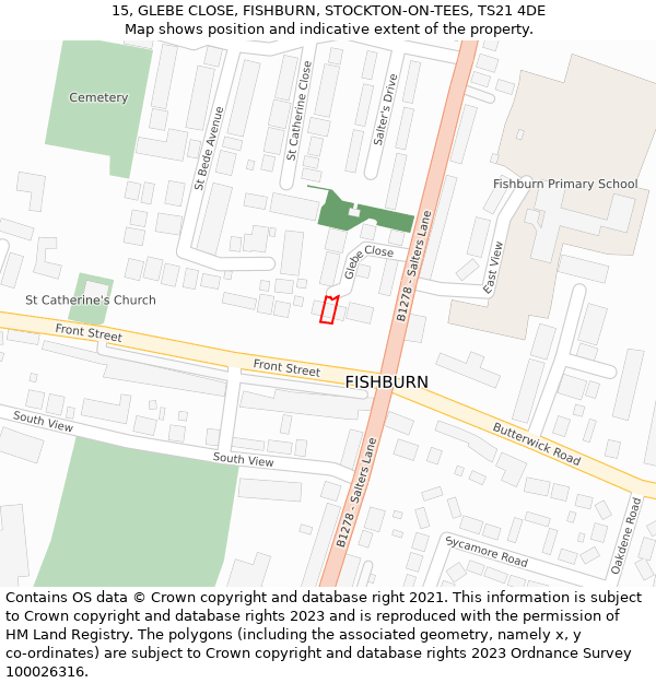 15, GLEBE CLOSE, FISHBURN, STOCKTON-ON-TEES, TS21 4DE: Location map and indicative extent of plot