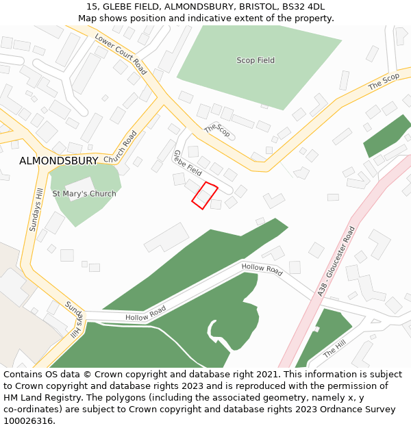 15, GLEBE FIELD, ALMONDSBURY, BRISTOL, BS32 4DL: Location map and indicative extent of plot