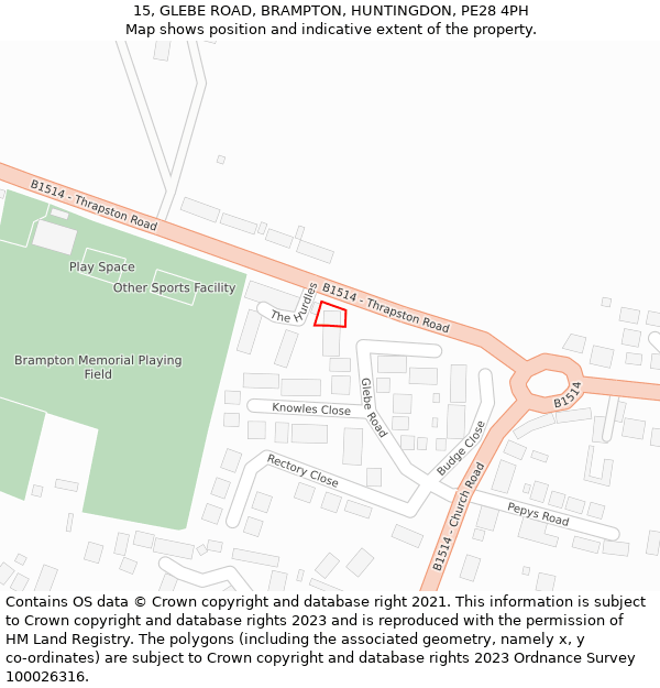15, GLEBE ROAD, BRAMPTON, HUNTINGDON, PE28 4PH: Location map and indicative extent of plot