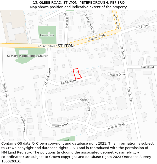 15, GLEBE ROAD, STILTON, PETERBOROUGH, PE7 3RQ: Location map and indicative extent of plot