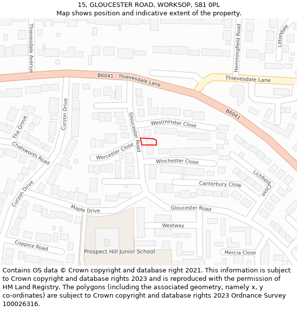 15, GLOUCESTER ROAD, WORKSOP, S81 0PL: Location map and indicative extent of plot