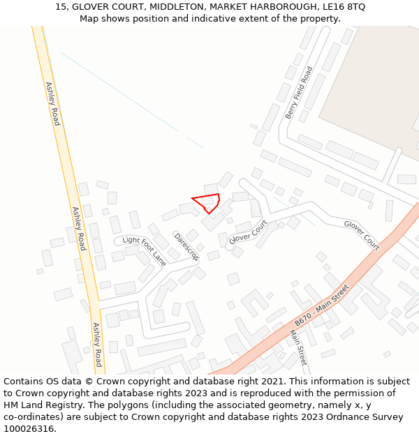 15, GLOVER COURT, MIDDLETON, MARKET HARBOROUGH, LE16 8TQ: Location map and indicative extent of plot