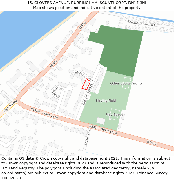 15, GLOVERS AVENUE, BURRINGHAM, SCUNTHORPE, DN17 3NL: Location map and indicative extent of plot