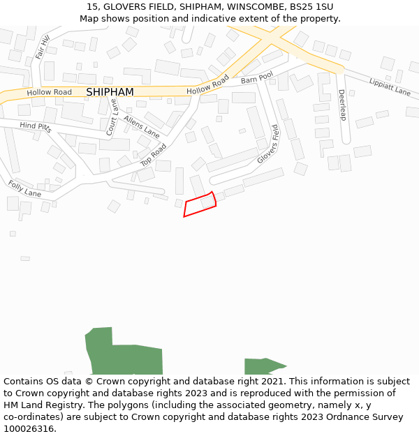 15, GLOVERS FIELD, SHIPHAM, WINSCOMBE, BS25 1SU: Location map and indicative extent of plot