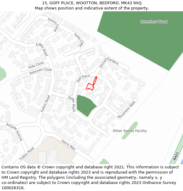 15, GOFF PLACE, WOOTTON, BEDFORD, MK43 9AQ: Location map and indicative extent of plot