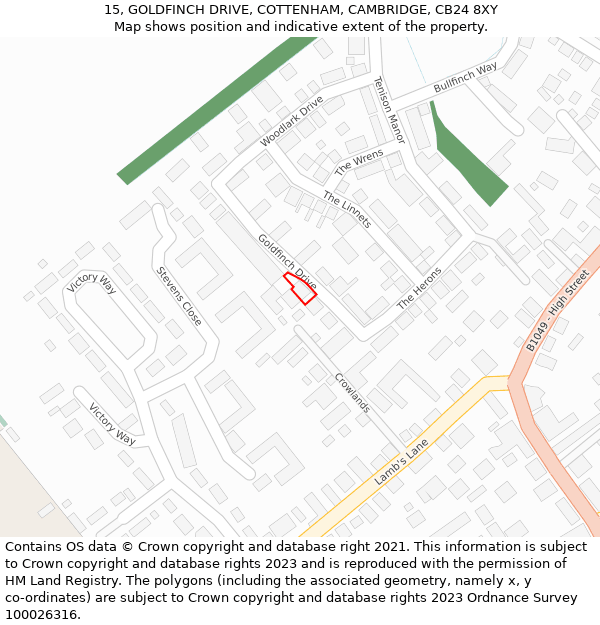 15, GOLDFINCH DRIVE, COTTENHAM, CAMBRIDGE, CB24 8XY: Location map and indicative extent of plot