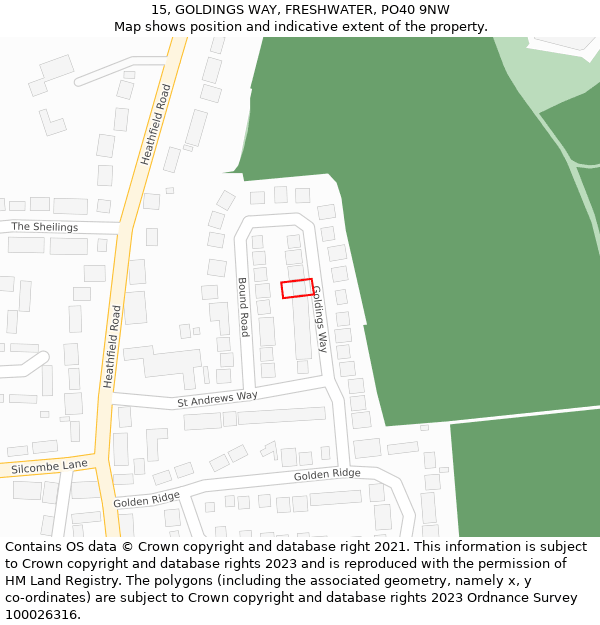 15, GOLDINGS WAY, FRESHWATER, PO40 9NW: Location map and indicative extent of plot