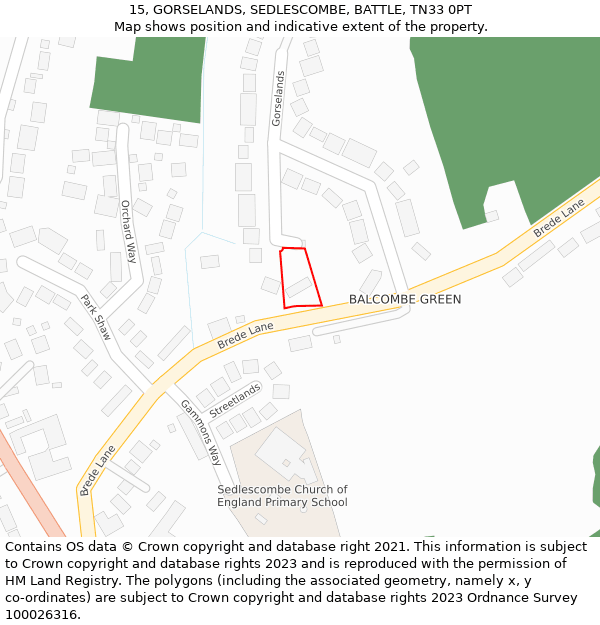 15, GORSELANDS, SEDLESCOMBE, BATTLE, TN33 0PT: Location map and indicative extent of plot