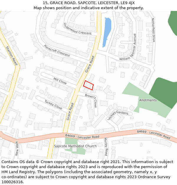 15, GRACE ROAD, SAPCOTE, LEICESTER, LE9 4JX: Location map and indicative extent of plot
