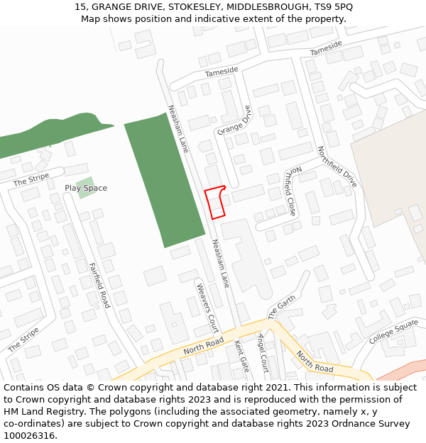 15, GRANGE DRIVE, STOKESLEY, MIDDLESBROUGH, TS9 5PQ: Location map and indicative extent of plot