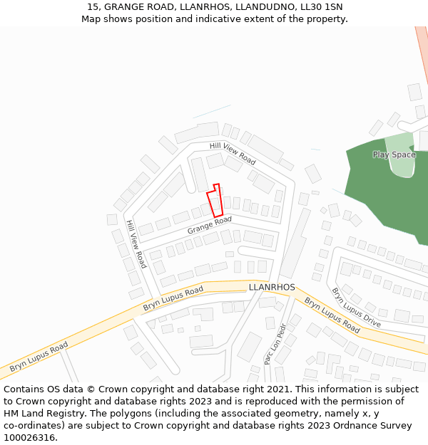 15, GRANGE ROAD, LLANRHOS, LLANDUDNO, LL30 1SN: Location map and indicative extent of plot