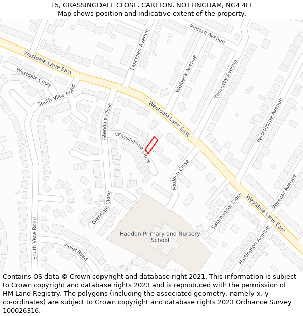 15, GRASSINGDALE CLOSE, CARLTON, NOTTINGHAM, NG4 4FE: Location map and indicative extent of plot