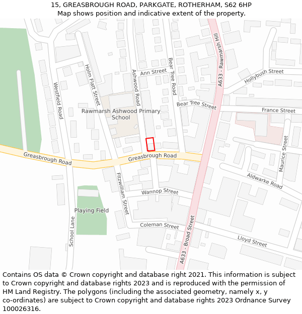 15, GREASBROUGH ROAD, PARKGATE, ROTHERHAM, S62 6HP: Location map and indicative extent of plot