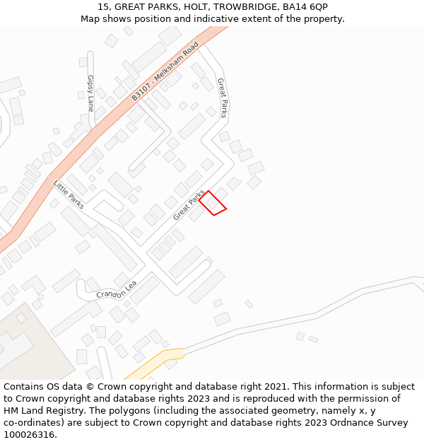 15, GREAT PARKS, HOLT, TROWBRIDGE, BA14 6QP: Location map and indicative extent of plot