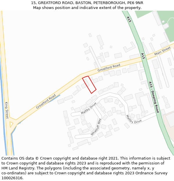 15, GREATFORD ROAD, BASTON, PETERBOROUGH, PE6 9NR: Location map and indicative extent of plot
